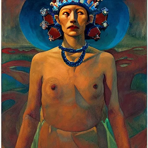 Prompt: the crown of madness, by Annie Swynnerton and Nicholas Roerich and Diego Rivera, bioluminescent skin, elaborate costume, geometric ornament, symbolist, rich color, dramatic cinematic lighting, smooth, sharp focus, extremely detailed