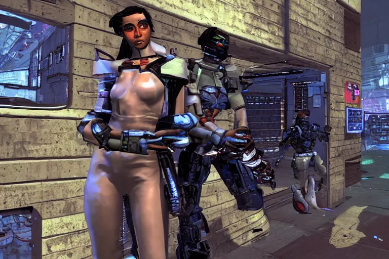 Image similar to Sade NPC in a cyberpunk FPS game from 2003