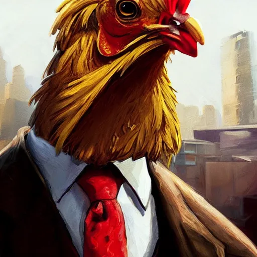 Image similar to a chicken wearing a suit smoking a cigar, dramatic lighting, cinematic, establishing shot, extremly high detail, photorealistic, cinematic lighting, artstation, style by James Gurney