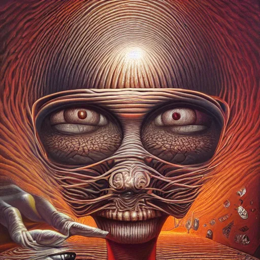 Prompt: her eyes wide by jacek yerka, alex gray, zdzisław beksiński, dariusz zawadzki, jeffrey smith and h.r. giger, oil on canvas, 8k highly professionally detailed, trending on artstation