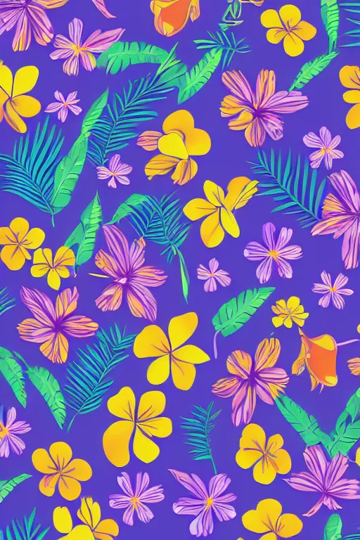 Image similar to Vector illustration of tropical flowers with multiple cohesive colors ranging from warms purples to bright oranges on a ((dark blue background)), 4K resolution