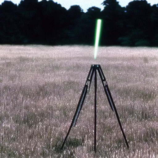 Image similar to wide view of an alien tripod walking in a field, aiming its laser at nearby peasants, 90s VHS TV still from the British series The Tripods (1984)
