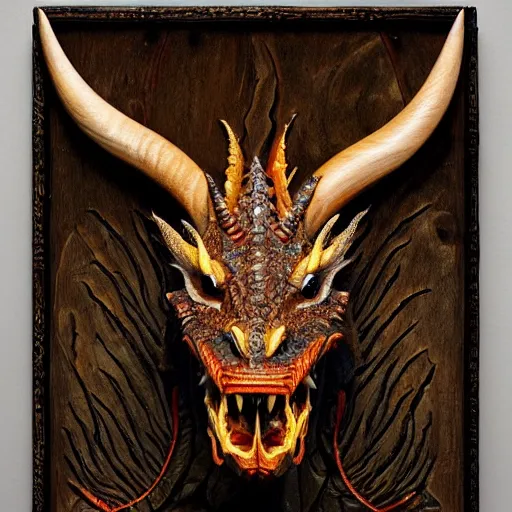 Prompt: a portrait of a dragon made of wood, detailed, fantasy, scary, realistic, frightening, ornate, horns, spikes, fluorescent colors