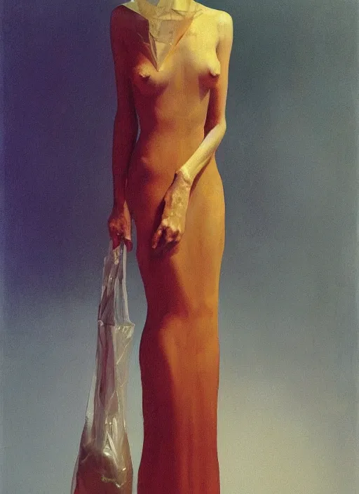 Prompt: woman in a translucent dress made from plastic bag with paper bags for clothes standing inside paper bags with paper bag over the head at store display Edward Hopper and James Gilleard, Zdzislaw Beksinski, highly detailed