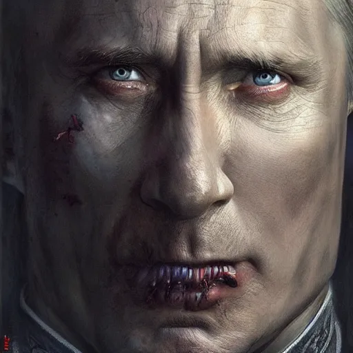 Prompt: vladimir putin, gothmog lieutenant of morgul, macabre by donato giancola and greg rutkowski and wayne barlow and zdzisław beksinski, realistic face, digital art