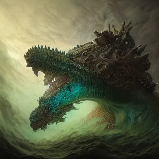 Image similar to a stunning detailed 3d matte portrait of a bulette with green stony carapace, male, standing in a maelstrom, by ellen jewett, by tomasz alen kopera, by Justin Gerard, ominous, magical realism, texture, gills, intricate, whirling smoke, alchemist bottles, radiant colors, fantasy, dungeons and dragons, dnd, volumetric lighting, high details