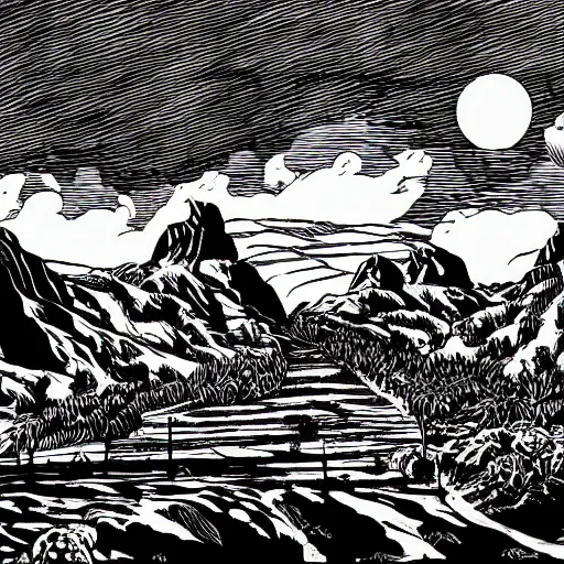 Image similar to symmetrical fantasy landscape, line art, engraving illustration by charlie adlard, b & w