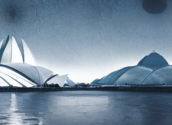 Image similar to cult of technology, exterior, scifi, machines, robots, ultra realistic, transparent labs, metallic surface, highly detailed, white, lotus temple, futuristic landscape, city, utopian architecture, atmosphere, masterpiece, portals, epic lighting, glow, mysterious, 4 k, cinematic, art by patryk olkiewicz and chris ostrowski and liang yao