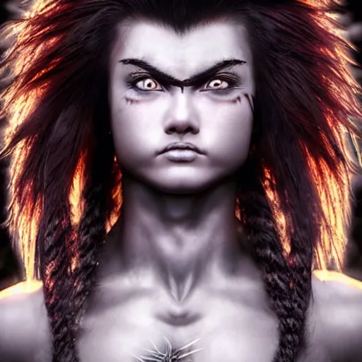 Image similar to warrior girl, muscular girl, wild spiky black saiyan hair, long spiky hair, electrified hair, insane hair, electrical aura, high voltage, ultra realistic, intricate details, highly detailed, subsurface scattering, photorealistic, octane render, 8 k, art by artgerm, greg rutkowski, magali villeneuve, alphonse mucha