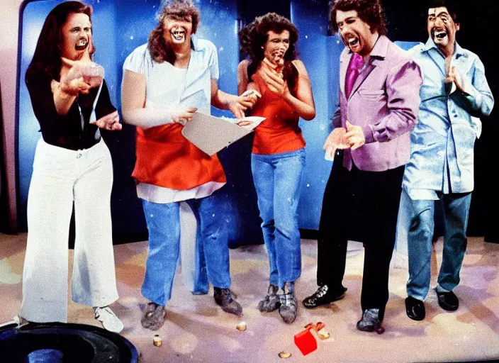 Image similar to a broadcast still of a 8 0 s game show and contestants playing crazy games