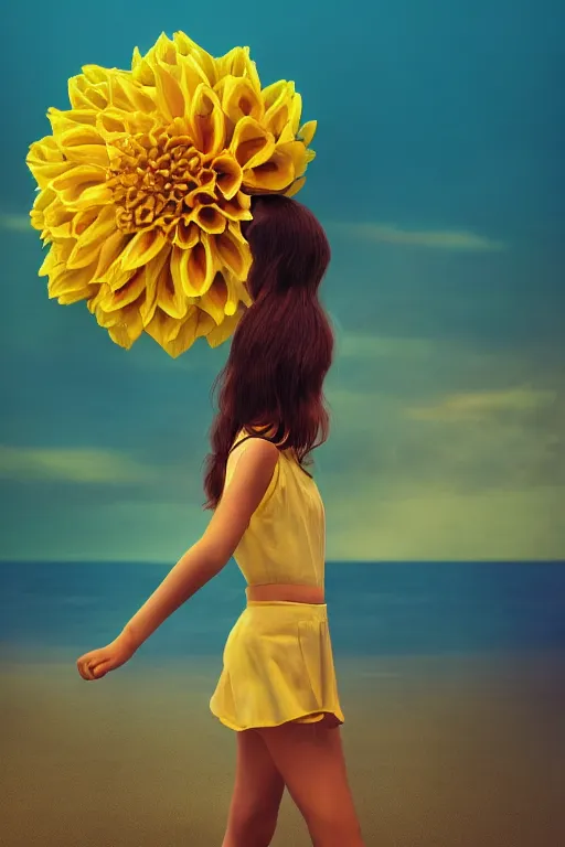 Image similar to closeup girl with huge yellow dahlia flower head, on beach, surreal photography, blue sky, sunrise, dramatic light, impressionist painting, digital painting, artstation, simon stalenhag