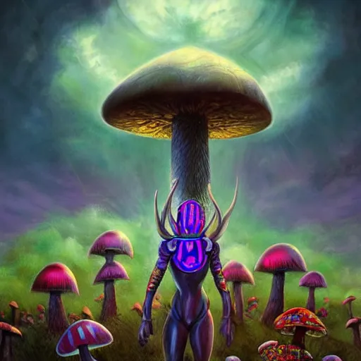 Image similar to 4 k headshot portrait of a psychedelic demonic anthropomorphic insect knight with mushroom themed clothes, magic mushroom village in background by jeff easley, award winning, stylized neon, post - processing, masterpiece, superb resolution. in the art style of junji ito and greg rutkowski. detailed mushroom city in background. hyper realistic anime. perfect art. dalle 2