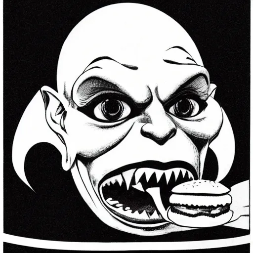 Image similar to nosferatu biting into a mcdonald's burger, advertisement