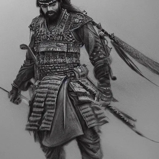 Image similar to Kurdish samurai, extremely detailed charcoal sketch, realistic, incredibly detailed, award winning art, cinematic, extremely high detail, concept art, 4k fantasy art, trending on artstation, full body shot