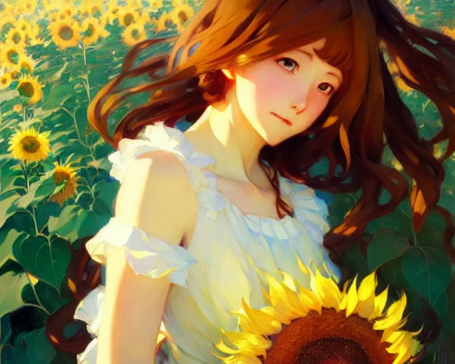 Prompt: beautiful sunflower anime girl, krenz cushart, mucha, ghibli, by joaquin sorolla rhads leyendecker - h 6 4 0