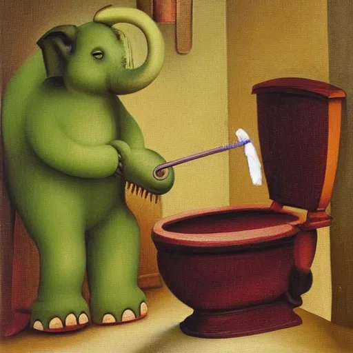 Prompt: cute little green elephant cleaning out a toilet with big toothbrush, dramatic, oil painting by Raphael