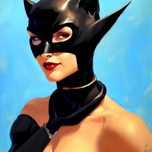 Image similar to Greg Manchess portrait painting of Catwoman as Overwatch character, medium shot, asymmetrical, profile picture, Organic Painting, sunny day, Matte Painting, bold shapes, hard edges, street art, trending on artstation, by Huang Guangjian and Gil Elvgren and Sachin Teng