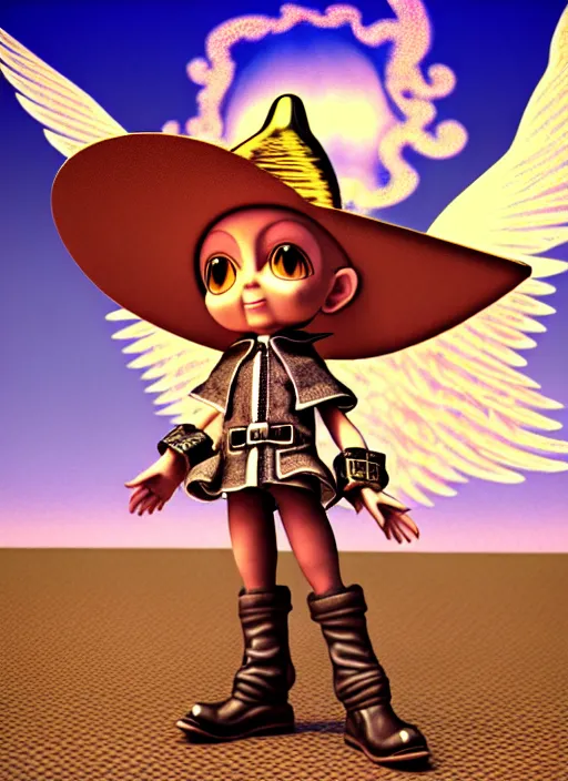 Prompt: vintage cgi 3 d render in the style of micha klein of chibi cyborg wizard final fantasy ix by ichiro tanida wearing a big cowboy hat and wearing angel wings against a psychedelic swirly background with 3 d butterflies and 3 d flowers n the style of 1 9 9 0's cg graphics 3 d rendered y 2 k aesthetic by ichiro tanida, 3 do magazine