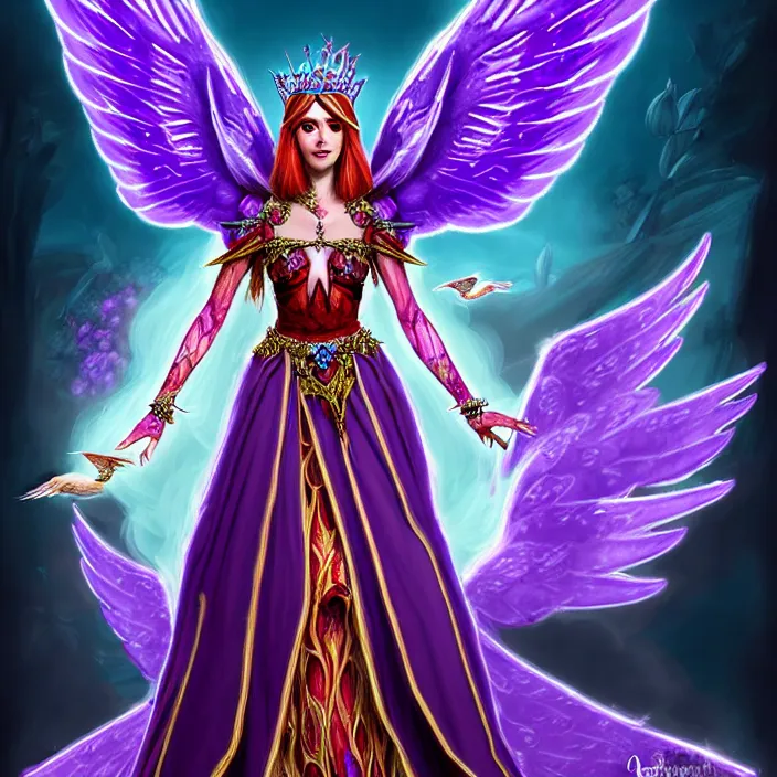 Image similar to Princess sorceress with red flaming bird wings on her back and sitting on an ornate throne dressed in a fancy long purple dress, beautiful realistic symmetrical defined face, Slight smile and open eyes, anatomically correct, Fantasy, Full Portrait, High detail, realistic, planeswalker