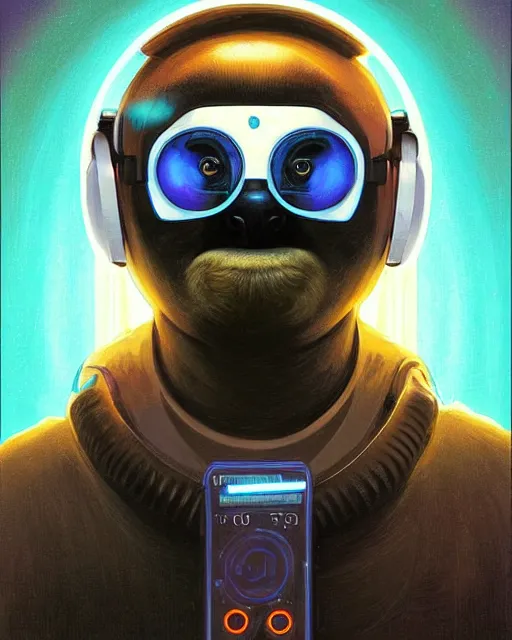 Prompt: silly sloth as future coder man looking on, sleek cyclops display over eyes and sleek bright headphoneset, neon accent lights, holographic colors, desaturated headshot portrait digital painting by dean cornwall, rhads, john berkey, tom whalen, alex grey, alphonse mucha, donoto giancola, astronaut cyberpunk electric