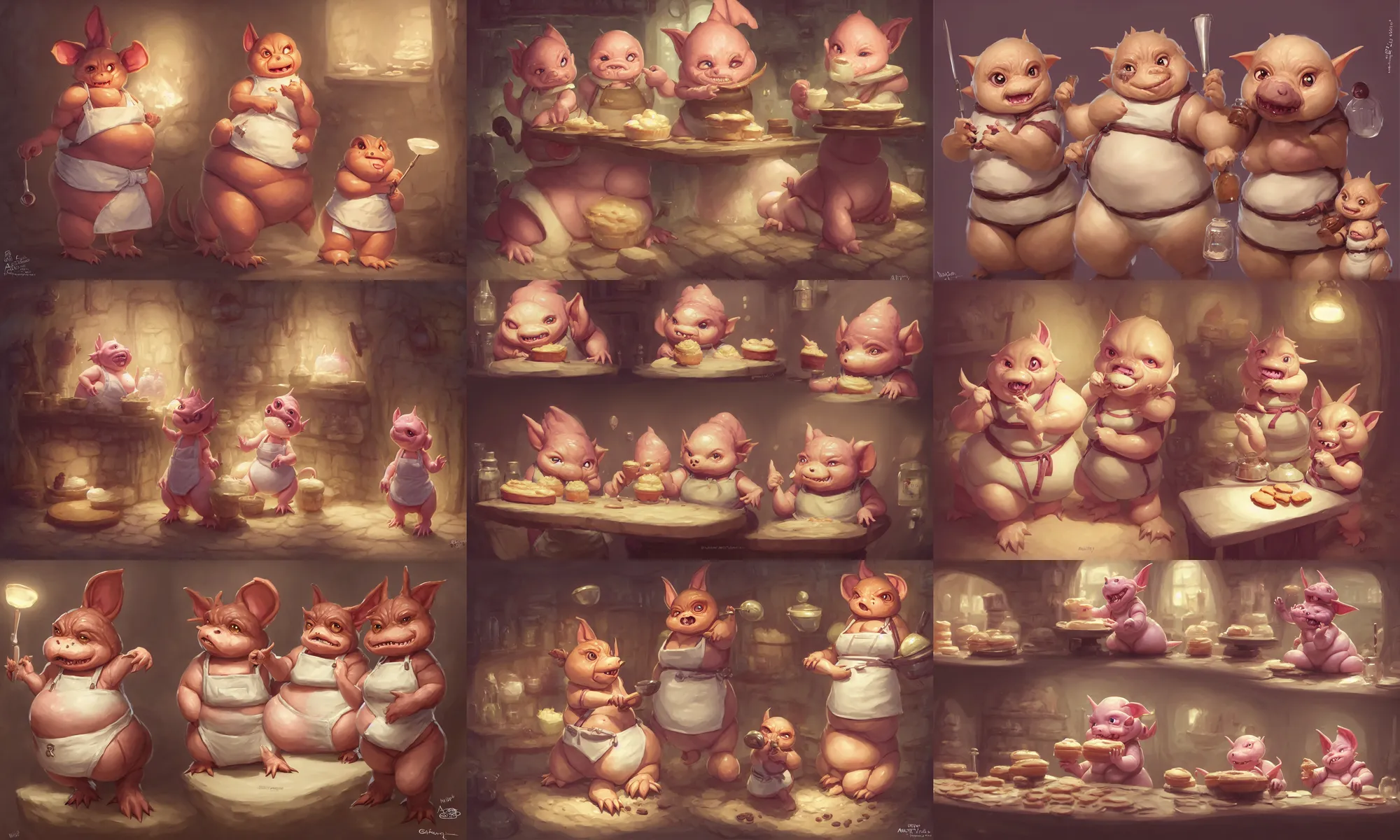 Prompt: inside a fantasy bakery, a cute short fat obese kobold with a soft face wearing aprons is blushing as a pretty chubby goblin girl wearing apron and glasses pokes her finger into the side of her belly, intricate, highly detailed, artstation, concept art, smooth, sharp focus, cute scene, art by artgerm and greg rutkowski and wlop