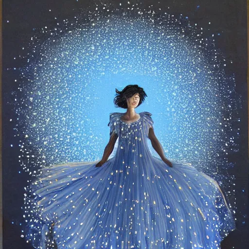 Prompt: loose, dynamic by matti suuronen. a conceptual art of a woman with wings made of stars, surrounded by a blue & white night sky. the woman is holding a staff in one hand, & a star in the other. she is wearing a billowing dress, & her hair is blowing in the wind.