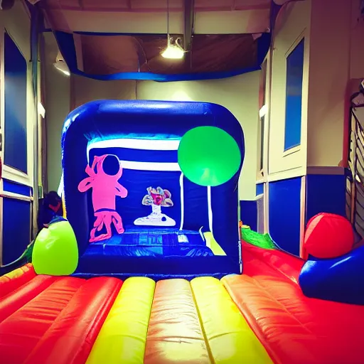 Image similar to a darkly lit indoor children's bounce house photo taken with a deposable camera limital space