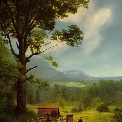 Prompt: a homesteader standing on the porch of his log cabin. pastoral tribute to caspar david friedrich. a wide expansive valley with verdant foliage, tall broad oaks, a beautiful pellucid river running betwixt gorgeous igneous rock driven up by glaciers borderlands cel-shading illustration ismail inceoglu