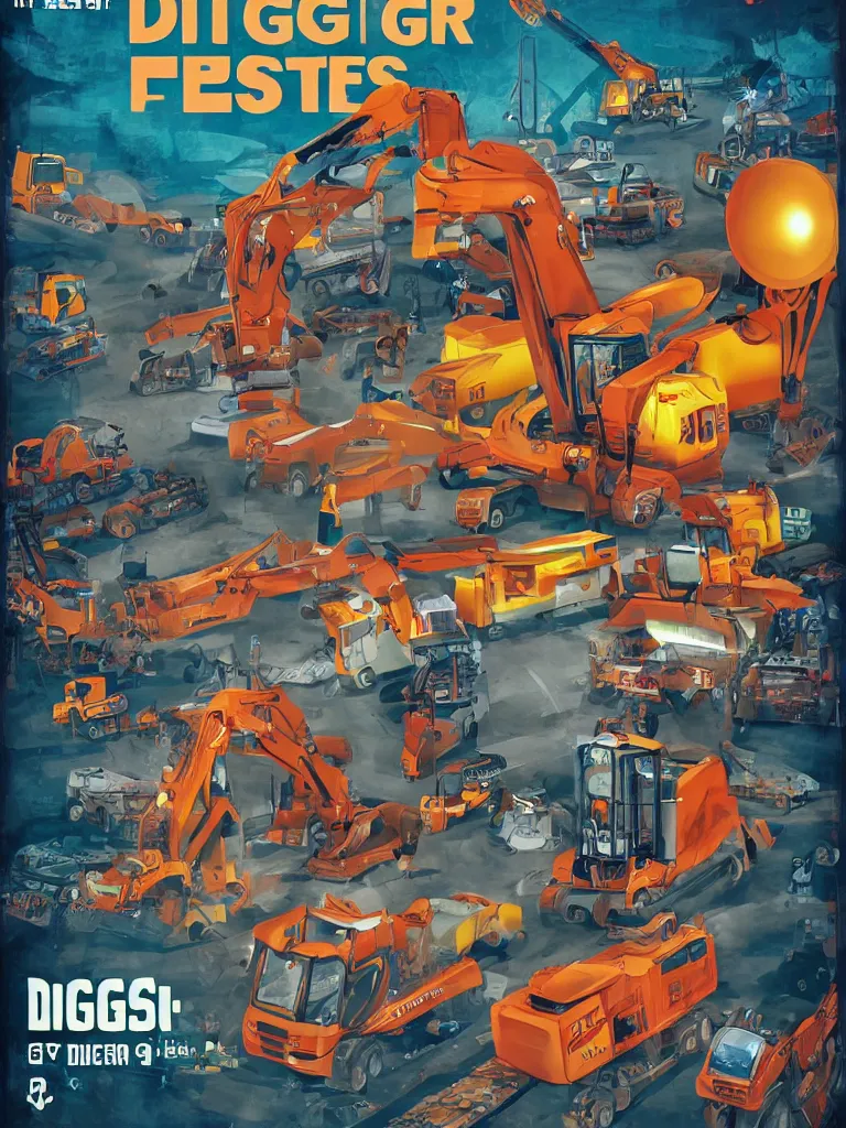 Image similar to poster for the diggerfest festival, digger diggers, y 2 k girl, 8 k, high detail, trendy, photorealism, center of focus, rule of thirds, composition, y 2 k aesthetic!!!