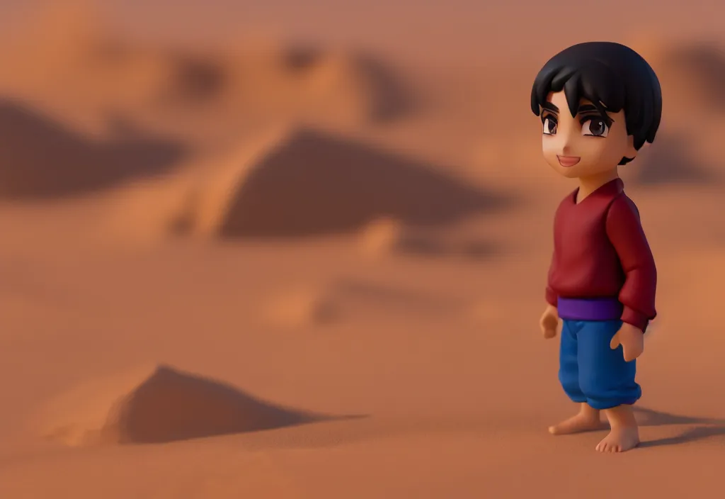 Prompt: profile view of arabic young aladdin as nendoroid walking in a desert, 8 k, hd, dof, kodak film, volumetric lighting, subsurface scattering, photorealistic, octane render