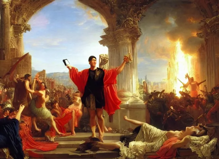 Image similar to julius caesar taking a selfie as rome burns behind him by thomas cole and vladimir volegov and alexander averin and pierre auguste cot and delphin enjolras