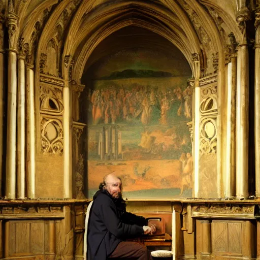 Image similar to a renaissance painting of a man sitting on the seat of a pipe organ inside of a cathedral, the man is tiny im comparison to the size of the cathedral.