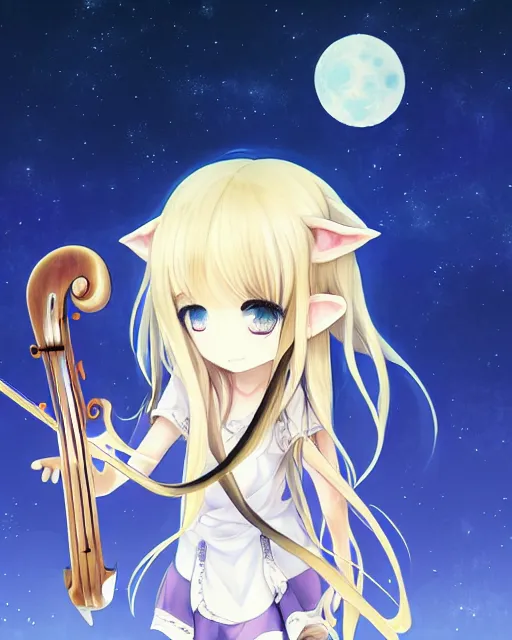 Image similar to chibi, cute, female, full body, elf girl with white skin and golden long wavy hair, holding a violin and playing a song, stunning art style, filters applied, lunar time, night sky, trending art, sharp focus, centered, landscape shot, fate zero, simple background, studio ghibly makoto shinkai yuji yamaguchi, by wlop