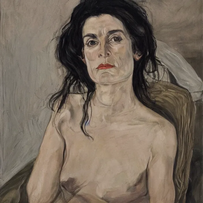 Image similar to a portrait of mira furlan, serene, dramatic, tragic, by elizabeth payton, by lucien freud