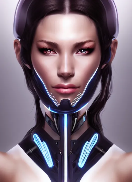 Image similar to portrait of a cyborg woman by Artgerm, (((((face turns left))))) (((face turns right+100))), eyes closed , biomechanical, hyper detailled, trending on artstation