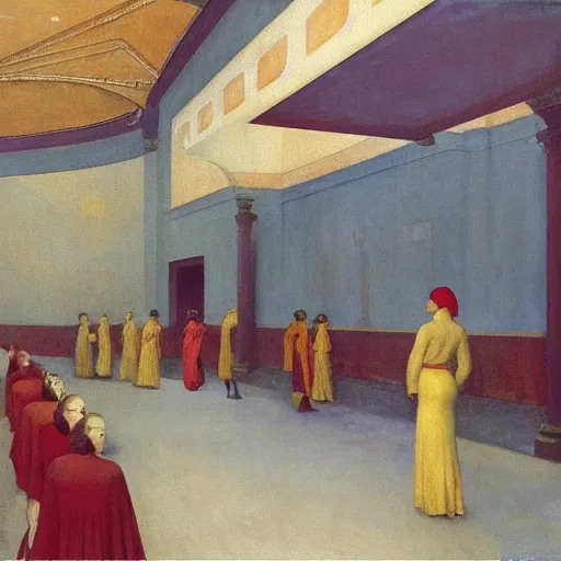 Image similar to procession of red and gold women in a soviet abandoned temple, dripping watercolor by hammershøi, highly detailed, art nouveau wallpaper, lights by edward hopper, liminal, eerie, pastel colors, limited palette