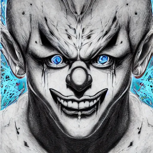 Image similar to 4K headshot of godlike clown with blue skin and defined arms and open hands and bloody clothes with giant mandala wings , intricate face , flawless anime cel animation by Kentaro Miura, psychedelic , highly detailed upper body , professionally post-processed , beautiful, scary, symmetry accurate features, epic, octane rendered, anime masterpiece, accurate