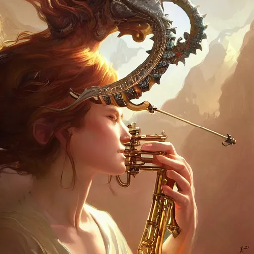 Image similar to a strange blowing horn, d & d, fantasy, intricate, elegant, highly detailed, digital painting, artstation, concept art, smooth, sharp focus, illustration, art by artgerm and greg rutkowski and alphonse mucha