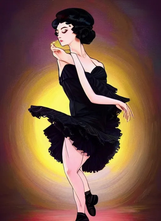 Image similar to a beautiful dancer with black hair in 1920's fashion, ballroom background, intricate, highly detailed, digital painting, artstation, official media, anime key visual, concept art, rich vivid colors, ambient lighting, sharp focus, illustration, art by Artgerm, Makoto Shinkai, Ilya Kuvshinov, Lois Van Baarle, and Rossdraws