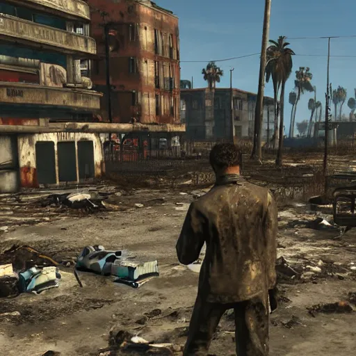 Prompt: Venice Beach in ruins post-nuclear war in Fallout 4, in game screenshot