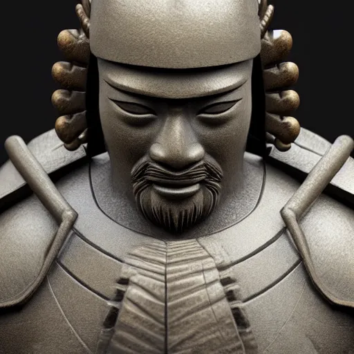 Image similar to japanese samurai stone sculpture, highly detailed, photorealistic portrait, bright studio setting, studio lighting, crisp quality and light reflections, unreal engine 5 quality render