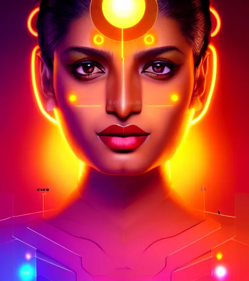 Image similar to symmetry!! indian princess of technology, solid cube of light, hard edges, product render retro - futuristic poster scifi, lasers and neon circuits, brown skin gorgeous indian princess, intricate, elegant, highly detailed, digital painting, artstation, concept art, smooth, sharp focus, illustration, dreamlike, art by artgerm