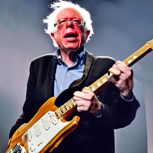 Prompt: bernie sanders as the frontman of an 8 0 s metal band, playing electric guitar