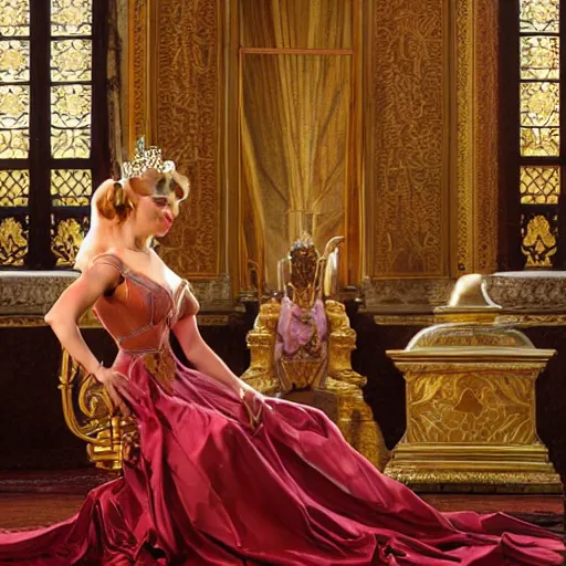 Prompt: kneeling before a proud queen, sitting in a chair while posing for a photo, royal gown, golden detailing, medium shot, intricate, elegant, highly detailed, digital painting, volumetric light, artstation, concept art, smooth, sharp focus, illustration, art by Gil Elvgren and Greg Rutkowski and Alphonse Mucha, 8K