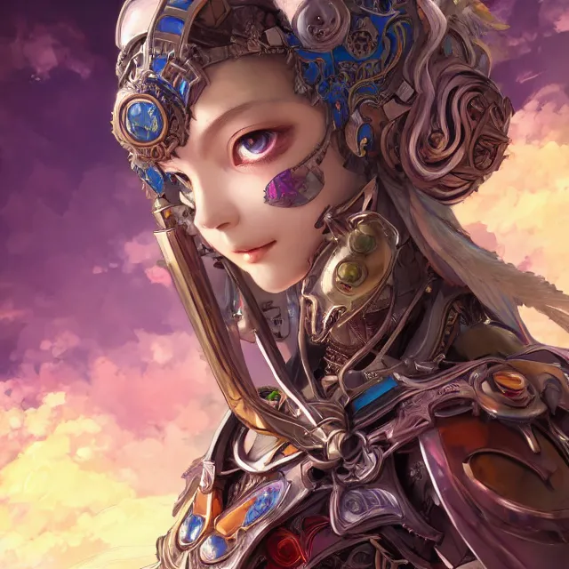 Image similar to studio portrait of lawful good colorful female holy mech paladin as absurdly beautiful, elegant, young sensual anime girl, ultrafine hyperrealistic detailed face illustration by kim jung gi, irakli nadar, intricate linework, sharp focus, bright colors, matte, octopath traveler, final fantasy, unreal engine highly rendered, global illumination, radiant light, intricate environment