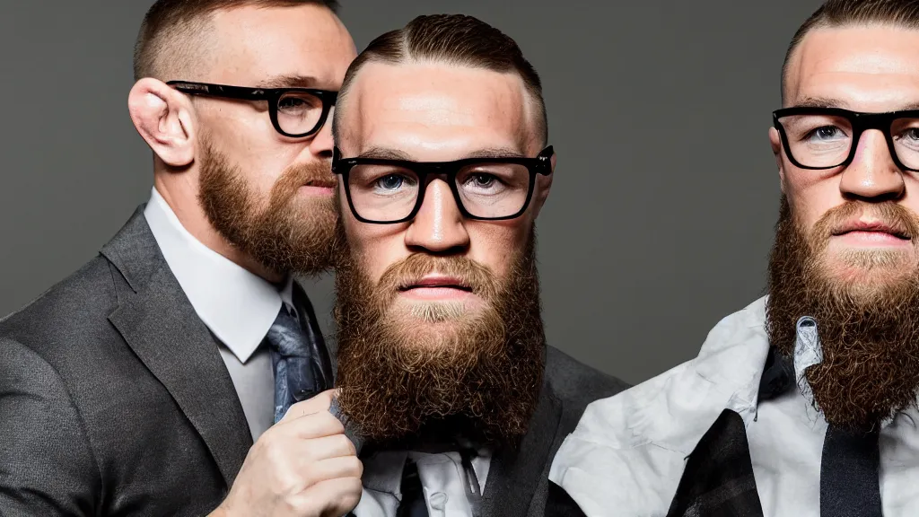 Prompt: a studio portrait of Conor McGregor wearing glasses, f/1.4, 90mm, extraodinary masterpiece!!!!!!