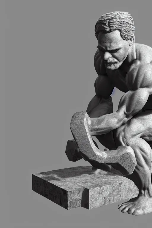 Image similar to the statue in marble of a crossfitter with a mustache holding a dumbell, mattepainting, global illumination, concept Blizzard pixar maya engine on stylized background