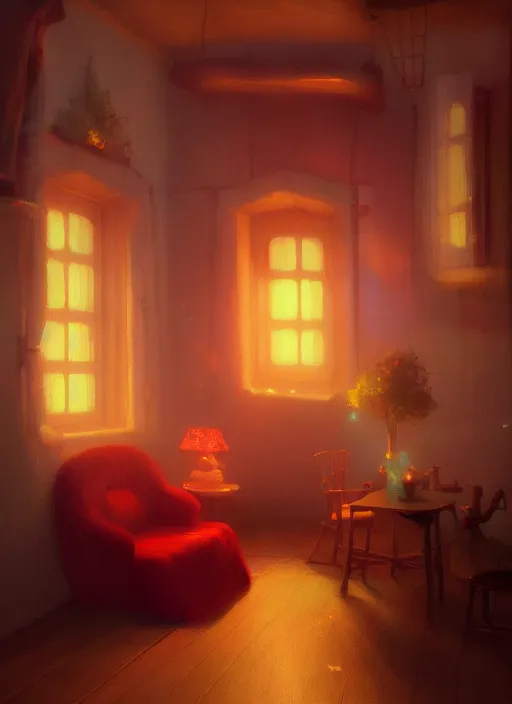 Image similar to beautiful interior of a cozy cottage, delphin enjolras, goro fujita, makoto shinkai, paul lehr, volumetric lighting, exquisite lighting, octane render, very coherent, trending on artstation