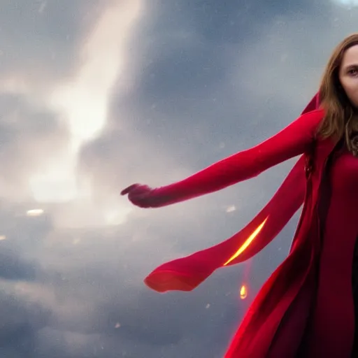 Prompt: movie still of elizabeth olsen as the scarlet witch afloat in the air with red eyes, using her magic to control the weather, full - body portrait, trending on artstation, 8 k quality, cgsociety contest winner, artstation hd, artstation hq, luminous lighting, beautiful cloudy atmosphere