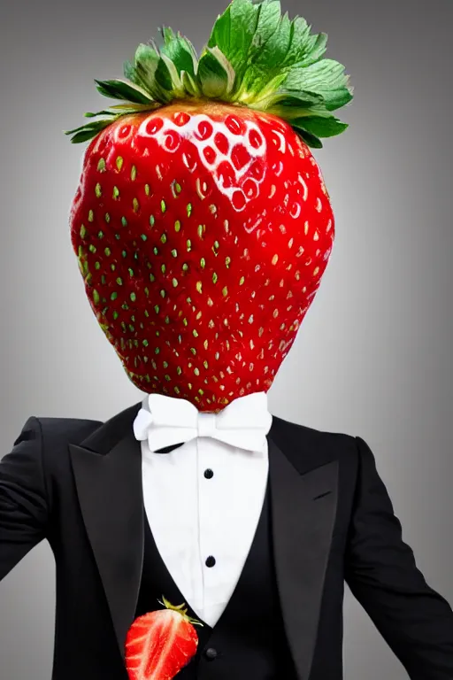 Prompt: a strawberry man wearing a tuxedo with a giant strawberry instead of a head